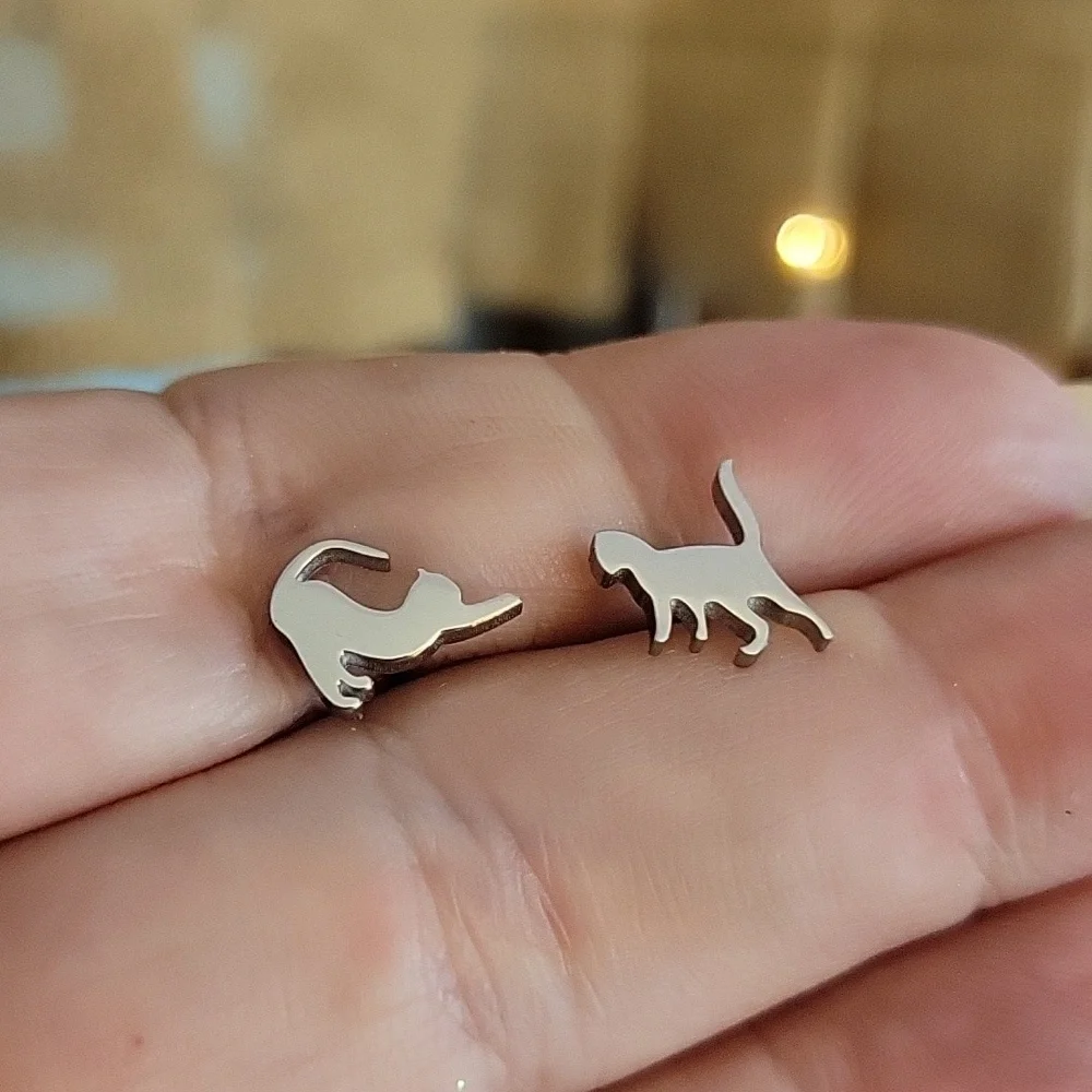 Playful Cat Silhouette Stud Earrings, choice of color - Picture 7 of 8